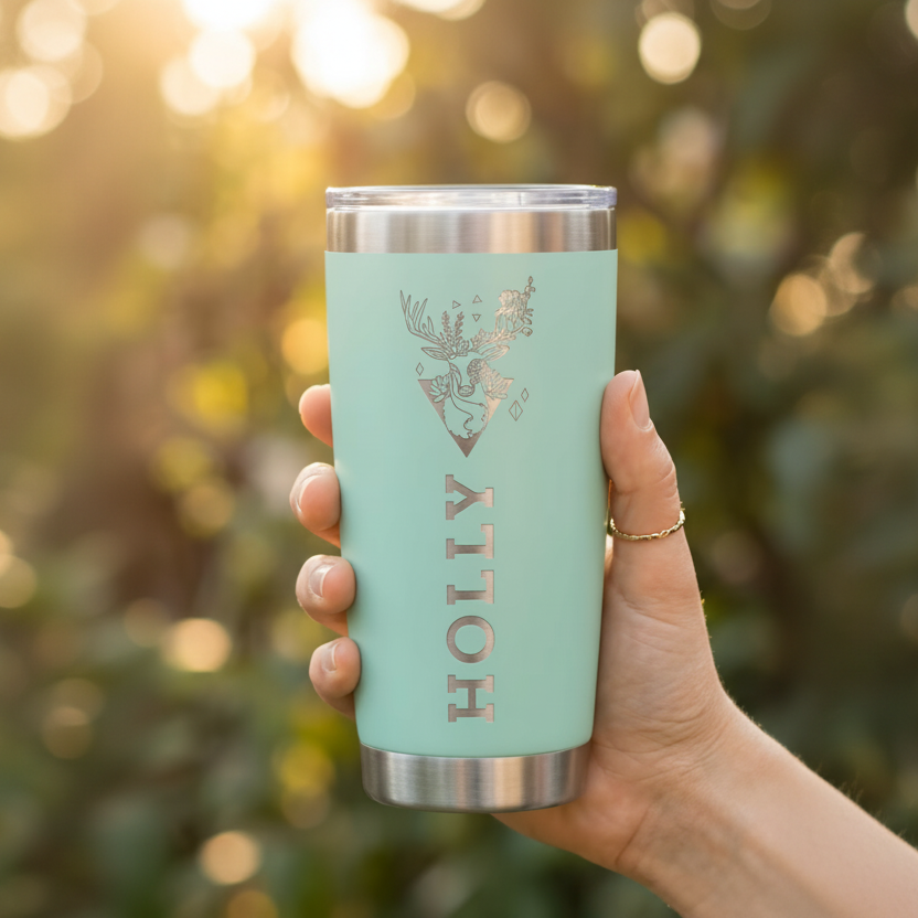 Hand holding a light blue tumbler with 'HOLLY' engraved on it against a blurred natural background.