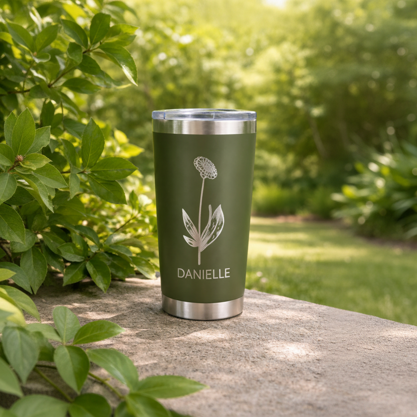 Green tumbler with floral design and 'Be amazing today' text held in a hand.