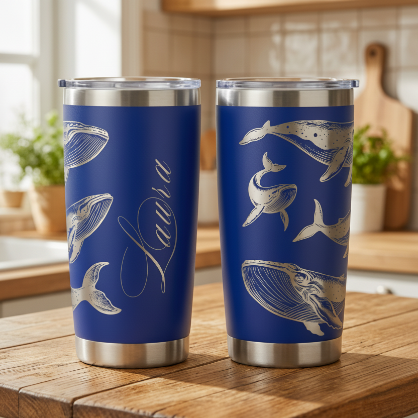 Two blue tumblers with whale designs on a wooden surface.